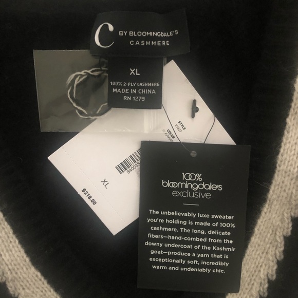 C by Bloomingdales Cashmere Varsity Stripe V-Neck Sweater, Blk/Ivory XL NWT - Picture 4 of 6